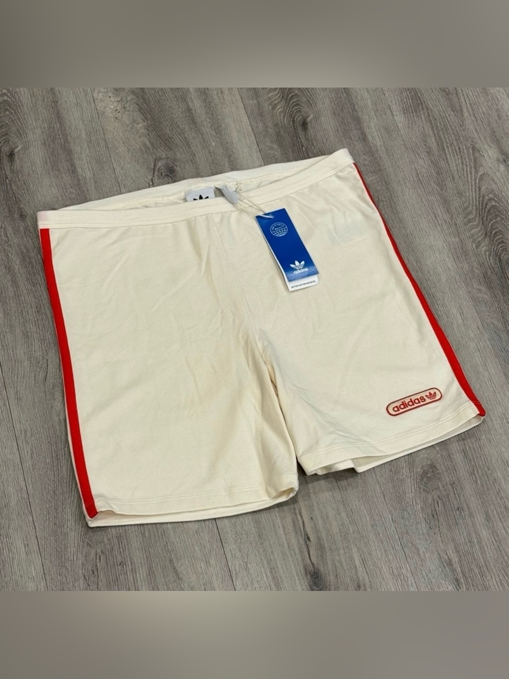 Adidas Women's Casual Light Cream Athletic Short Leggings with Red Stripe Detail